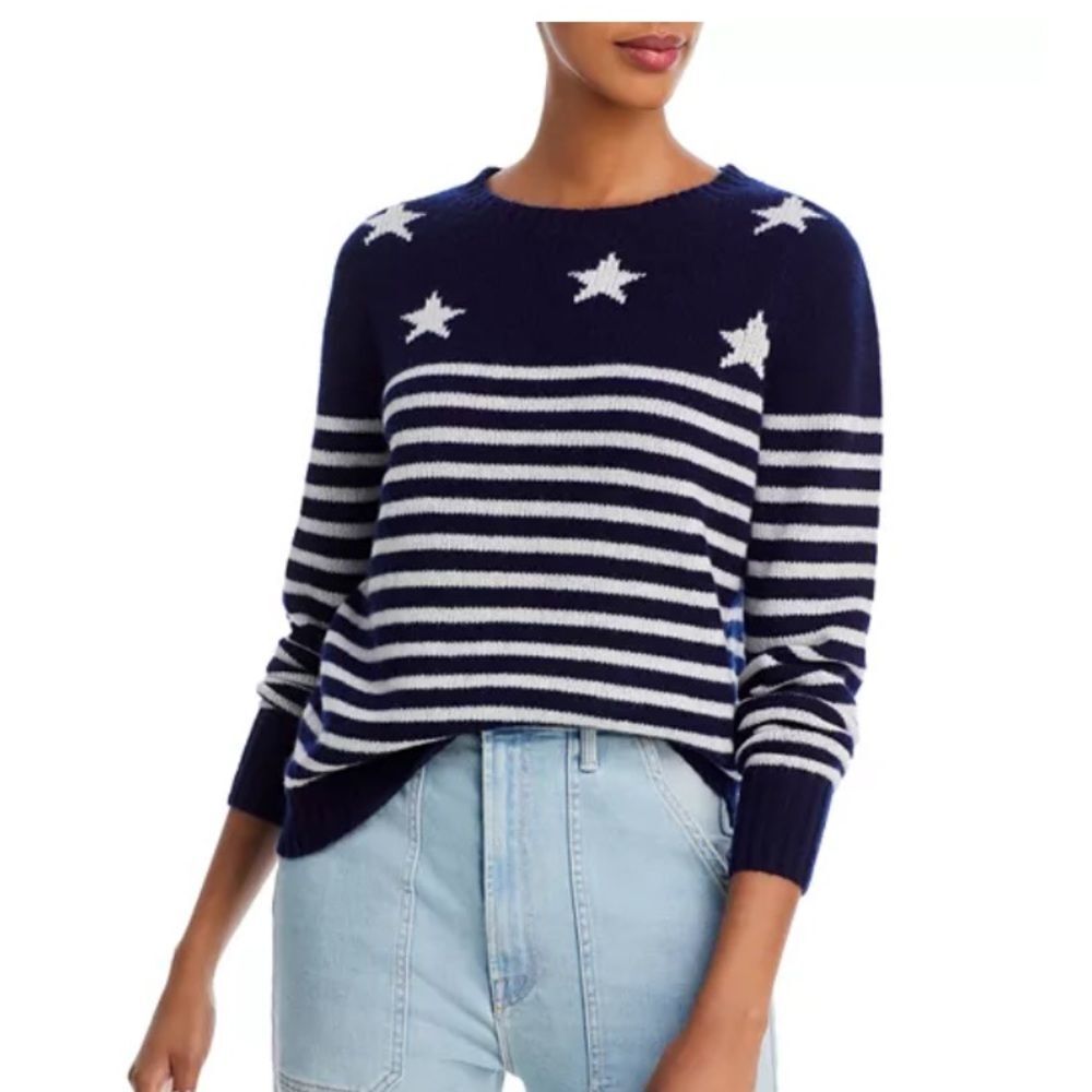 Aqua 100% Cashmere Sweater Nautical Blue White Striped Intarsia Knit French Girl
